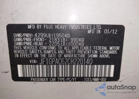 2012 Subaru Impreza 2.0I Premium z USA, uszkodzony, nr VIN JF1GPAC62CH220140